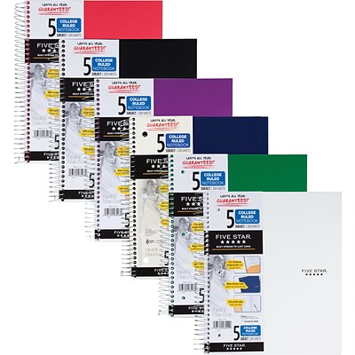 Mead Five Star 5-Subject Notebook, 8.5 x 11, College Ruled, 200 Sheets, Assorted Colors (06112/06208)
