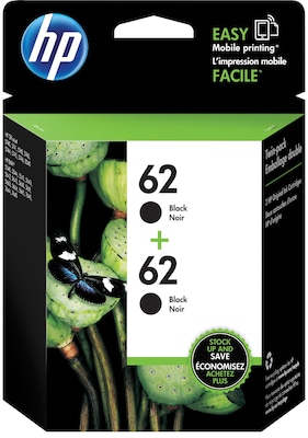 HP 62 Black Standard Yield Ink Cartridge, 2/Pack (T0A52AN#140), print up to 200 pages