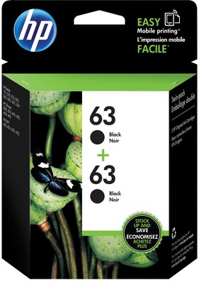 HP 63 Black Standard Yield Ink Cartridge, 2/Pack (T0A53AN#140), print up to 190 pages