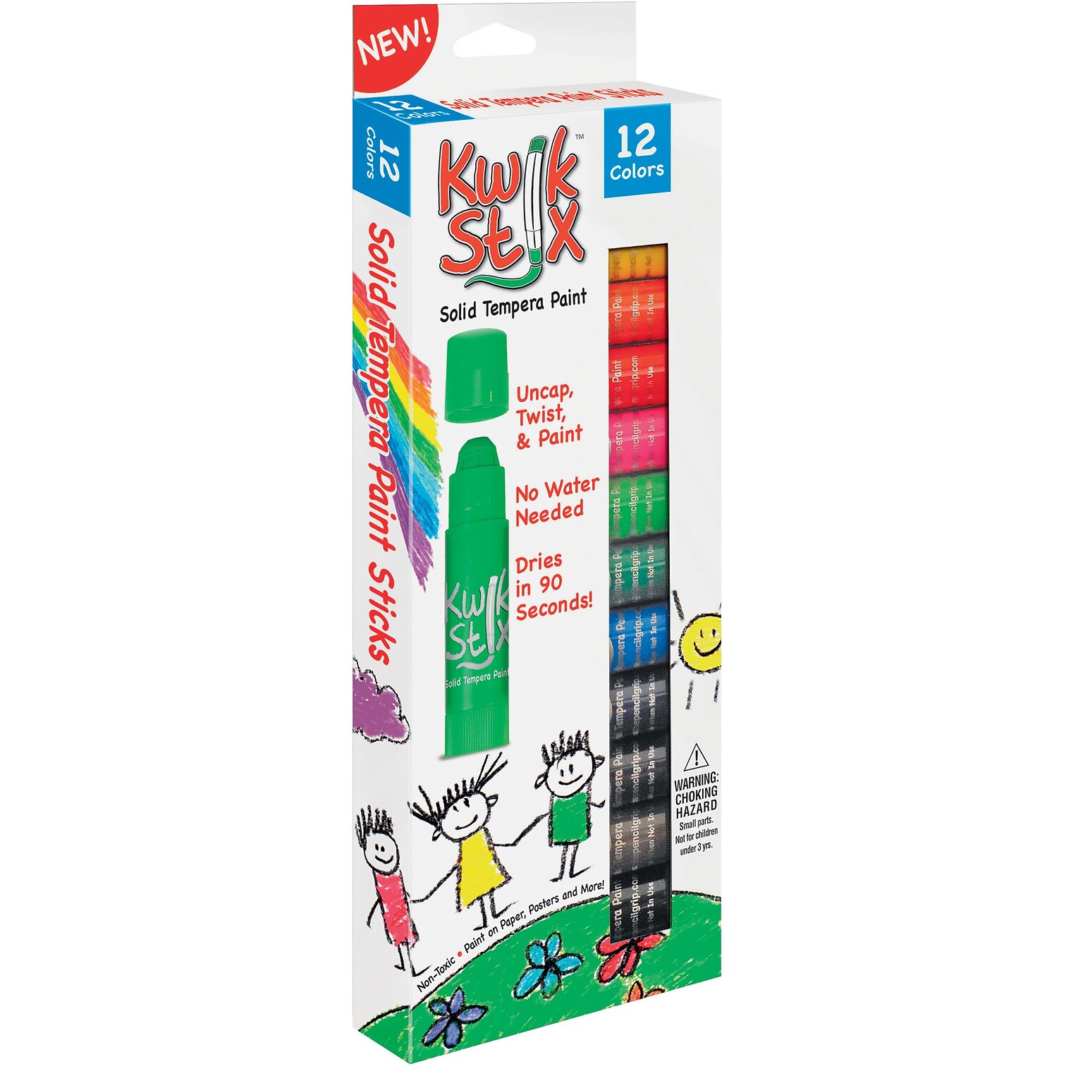 The Pencil Grip Kwik Stix Solid Tempera Paint, Red, Black, Blue, Yellow, Brown, Green, 12/Pack