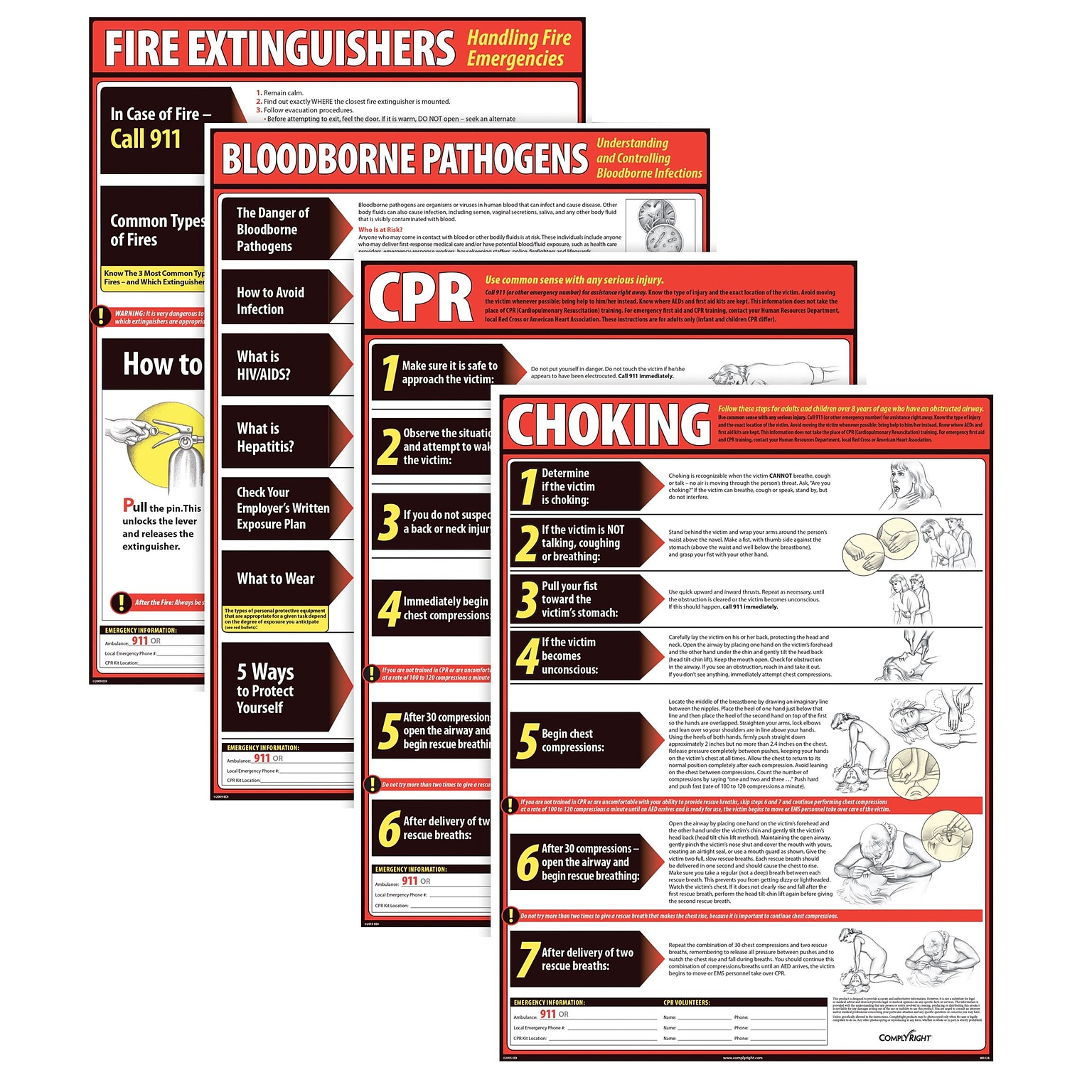 ComplyRight™ Lifesaving Posters; 4 Poster Set, CPR, Choking, Bloodborne Pathogens, Fire Extinguisher (WR0242)