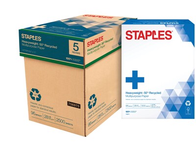 Staples 50% Recycled Heavyweight 8.5 x 11 Multipurpose Paper, 28 lbs., 96 Brightness, 500/Ream, 5 Reams/Carton (86058)