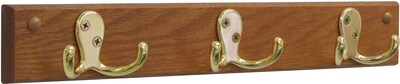 Wooden Mallet® 3 Double Prong Hook Rail Coat Rack; Brass, Medium Oak