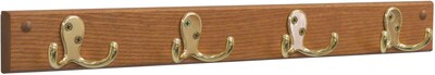 Wooden Mallet® 4 Double Prong Hook Rail Coat Rack; Brass, Medium Oak