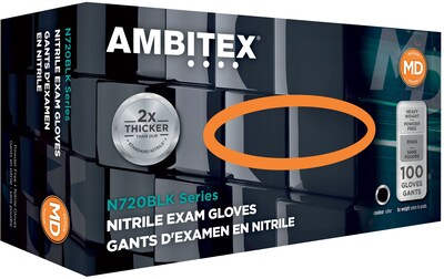 Ambitex® Disposable Exam Gloves, Nitrile, XX Large, Black, Powder-Free, 6mil, 100/Bx