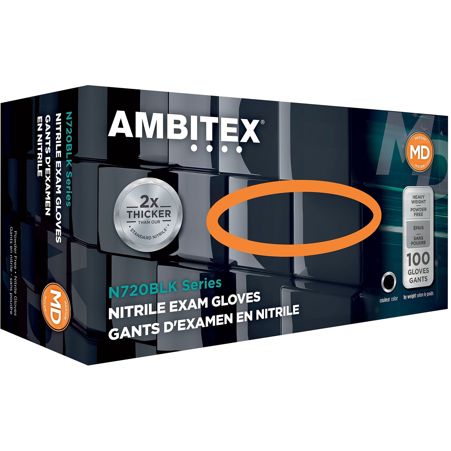 Ambitex® Disposable Exam Gloves, Nitrile, XX Large, Black, Powder-Free, 6mil, 100/Bx