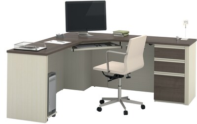 Bestar® Prestige+ 71W Corner Desk Including One Pedestal in White Chocolate & Antigua (99899-52)