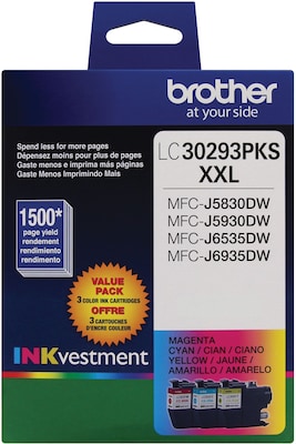 Brother LC30293PKS Cyan/Magenta/Yellow Extra High Yield Ink Cartridge, 3/Pack