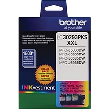 Brother LC30293PKS Cyan/Magenta/Yellow Extra High Yield Ink Cartridge, 3/Pack