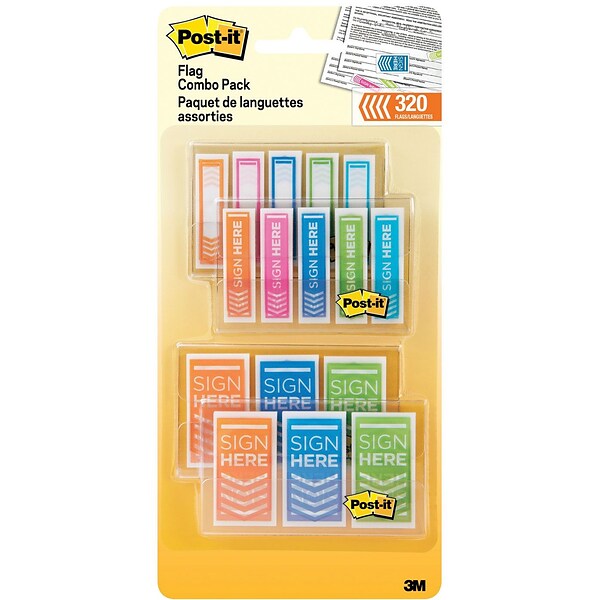 Post-it® Combo Pack Sign Here Flags, 1 and 1/2 Wide, Assorted Colors, 320 Flags/Pack (680SH4VAOTG)