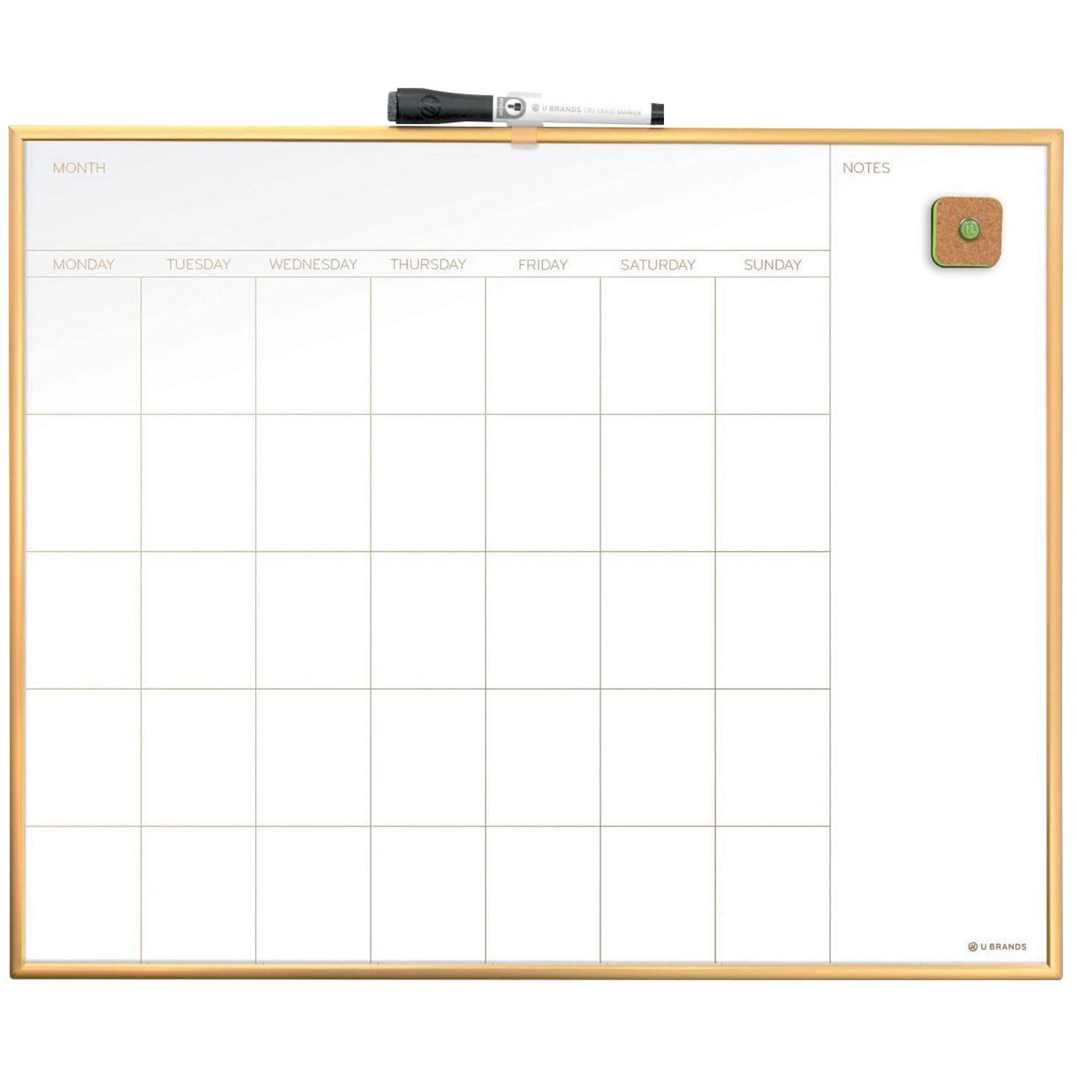 U Brands Magnetic Dry Erase Calendar Whiteboard, 20 x 16, Gold Aluminum Frame