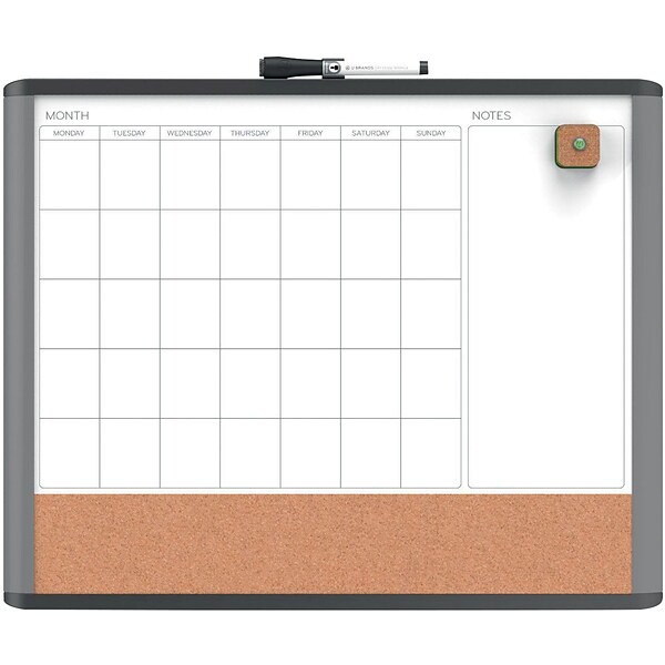 U Brands MOD 3-in-1 Magnetic Dry Erase Calendar Whiteboard, 20 x 16, Black and Grey Frame