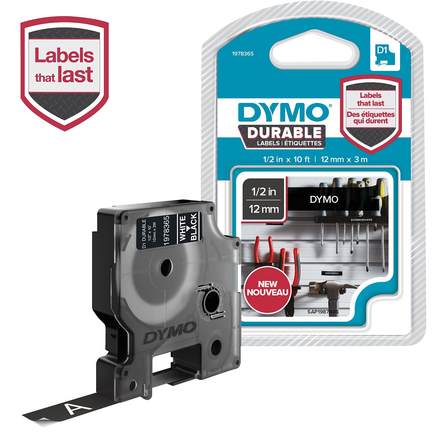 DYMO D1 Durable Labeling Tape for LabelManager Label Makers, White on Black, 1/2 W x 10 L, 1 Cartridge (1978365)