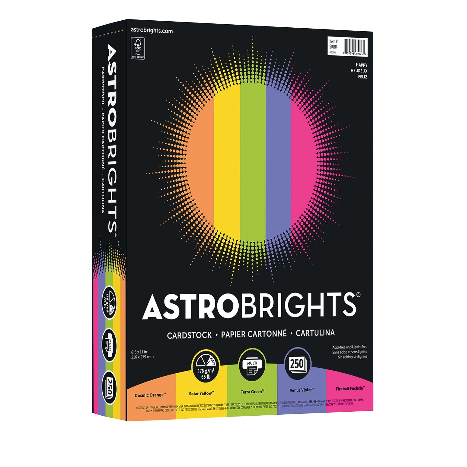 Astrobrights 65 lb. Cardstock Paper, 8.5 x 11, Assorted Colors, 250 Sheets/Pack, 4 Packs/Carton (21004)