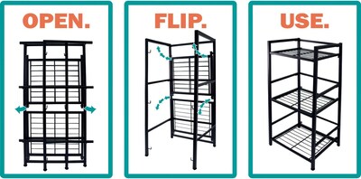 Flipshelf 3 Shelf Metal Shelving Unit, 30.5"H x 14.5"W x 12"D, Black (38702)