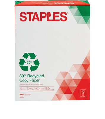 Staples 30% Recycled 8.5 x 11 Copy Paper, 20 lbs., 92 Brightness, 500 Sheets/Ream, 5 Reams/Carton