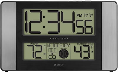 La Crosse Technology Atomic Digital Clock with Temperature and Moon Phase, Aluminum finish (513-1417