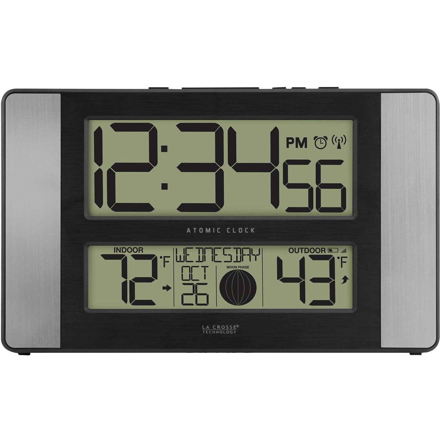 La Crosse Technology Atomic Digital Clock with Temperature and Moon Phase, Aluminum finish (513-1417AL)