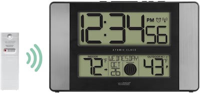 La Crosse Technology Atomic Digital Clock with Temperature and Moon Phase, Aluminum finish (513-1417AL)