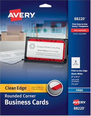 Avery Two-Side Rounded Corners Printable Clean Edge™ Business Cards, Inkjet, Matte White, 2 x 3 1/2