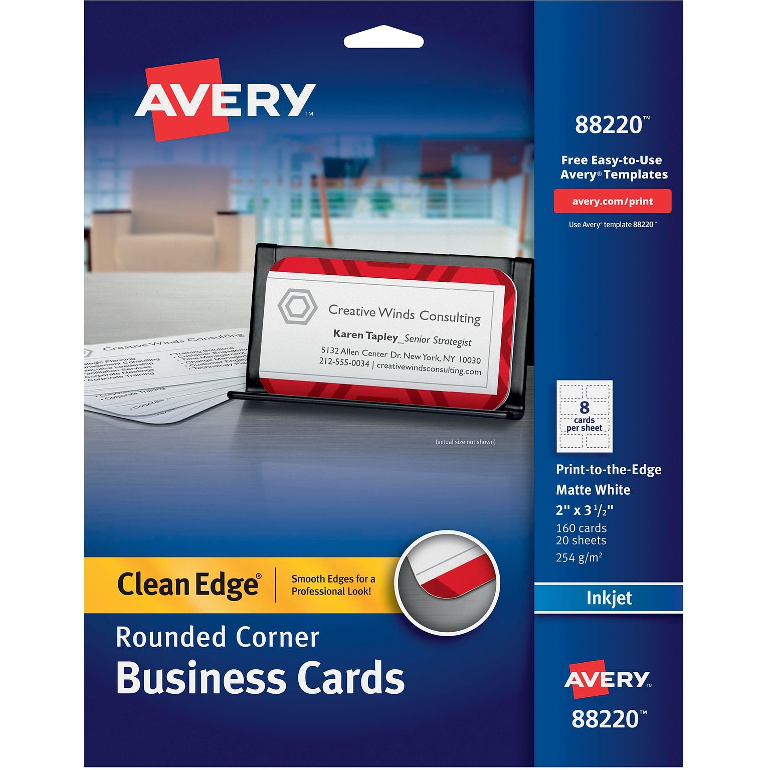 Avery Two-Side Rounded Corners Printable Clean Edge™ Business Cards, Inkjet, Matte White, 2 x 3 1/2, 160/Pk