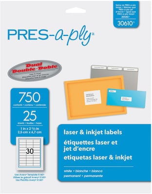 Avery PRES-a-ply Laser Address Label, 1 x 2 5/8, 30 Labels/Sheet, 25 Sheets/Pack (30610)