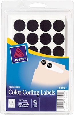 Avery Removable Self-Adhesive Color-Coding Round Labels, 28 Labels Per Sheet, Black, 3/4 Diameter,