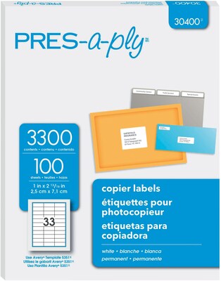 PRES-a-ply® 1 x 2.81 Laser Address Labels for Copiers, White, 100/Pack (30400)