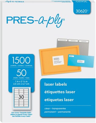 PRES-a-ply® 1 x 2.83 Laser Address Labels, Clear, 50/Pack (30620)