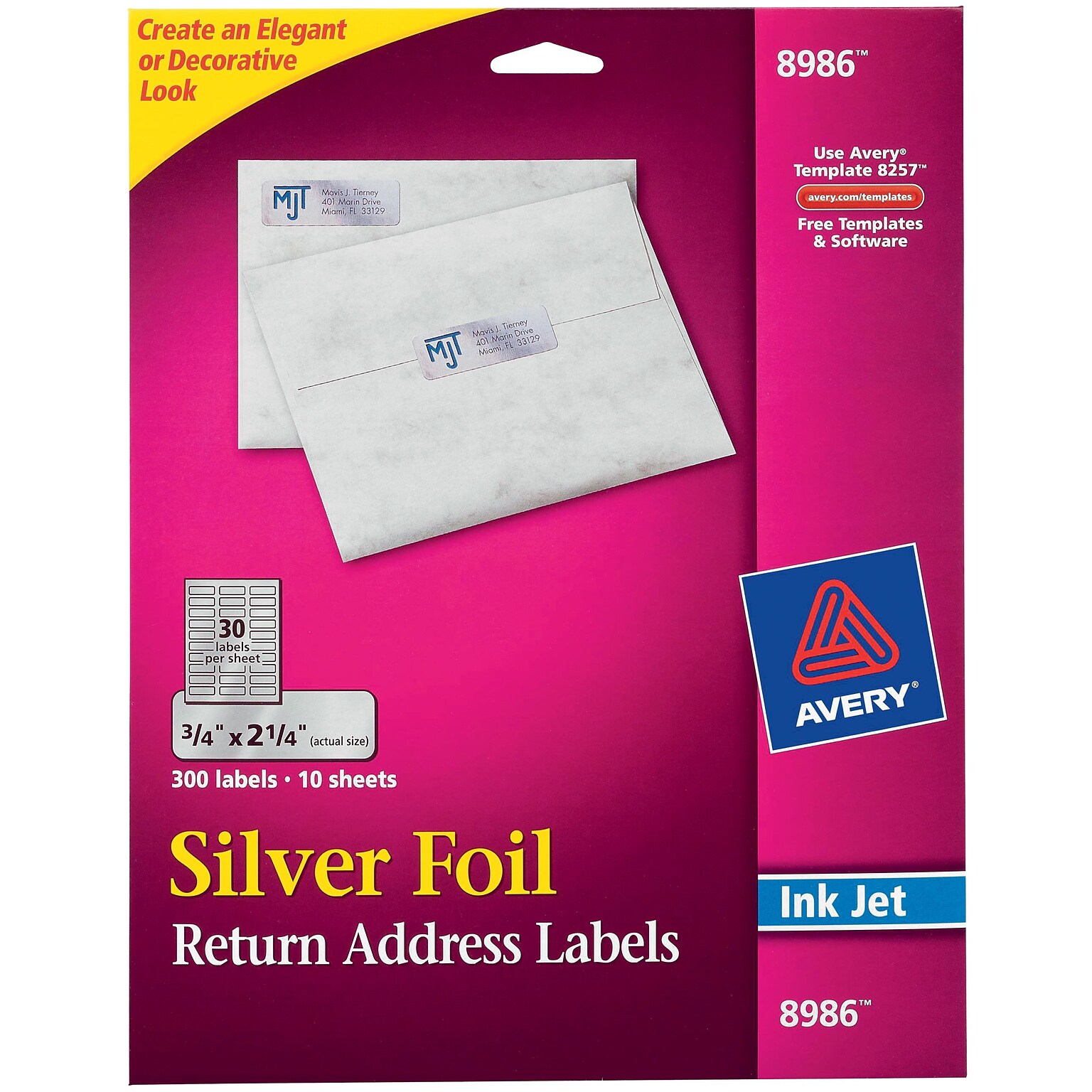 Avery Inkjet Foil Mailing Labels, Silver, 3/4 x 2-1/4, 30 Labels/Sheet, 10 Sheets/Pack, 300 Labels/Pack (8986)