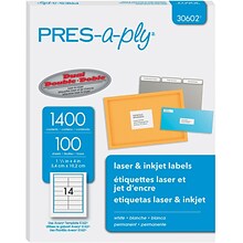 PRES-a-ply Laser/Inkjet Address Labels, 1-1/3 x 4, White, 14 Labels/Sheet, 100 Sheets/Box, 1400 La