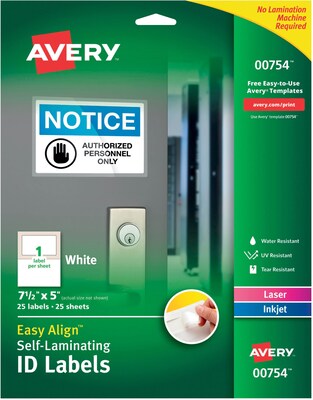 Easy Align™ Self Laminating ID Labels, 00754, 7 1/2 x 5, Pack of 25