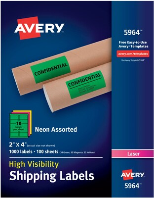 Avery(R) High Visibility Shipping Labels 05964, Neon Assorted, 2 x 4, Pack of 1000