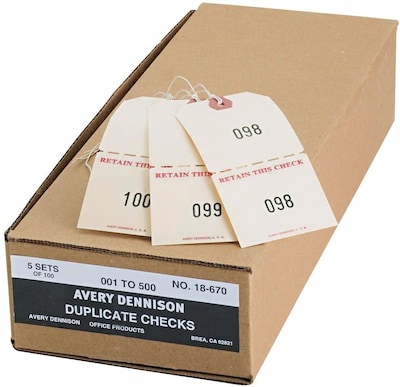 Avery Extra-Large Strung Manila Claim Checks, 1-500, White Twine, 4 3/4 x 2 3/8, 500/Bx