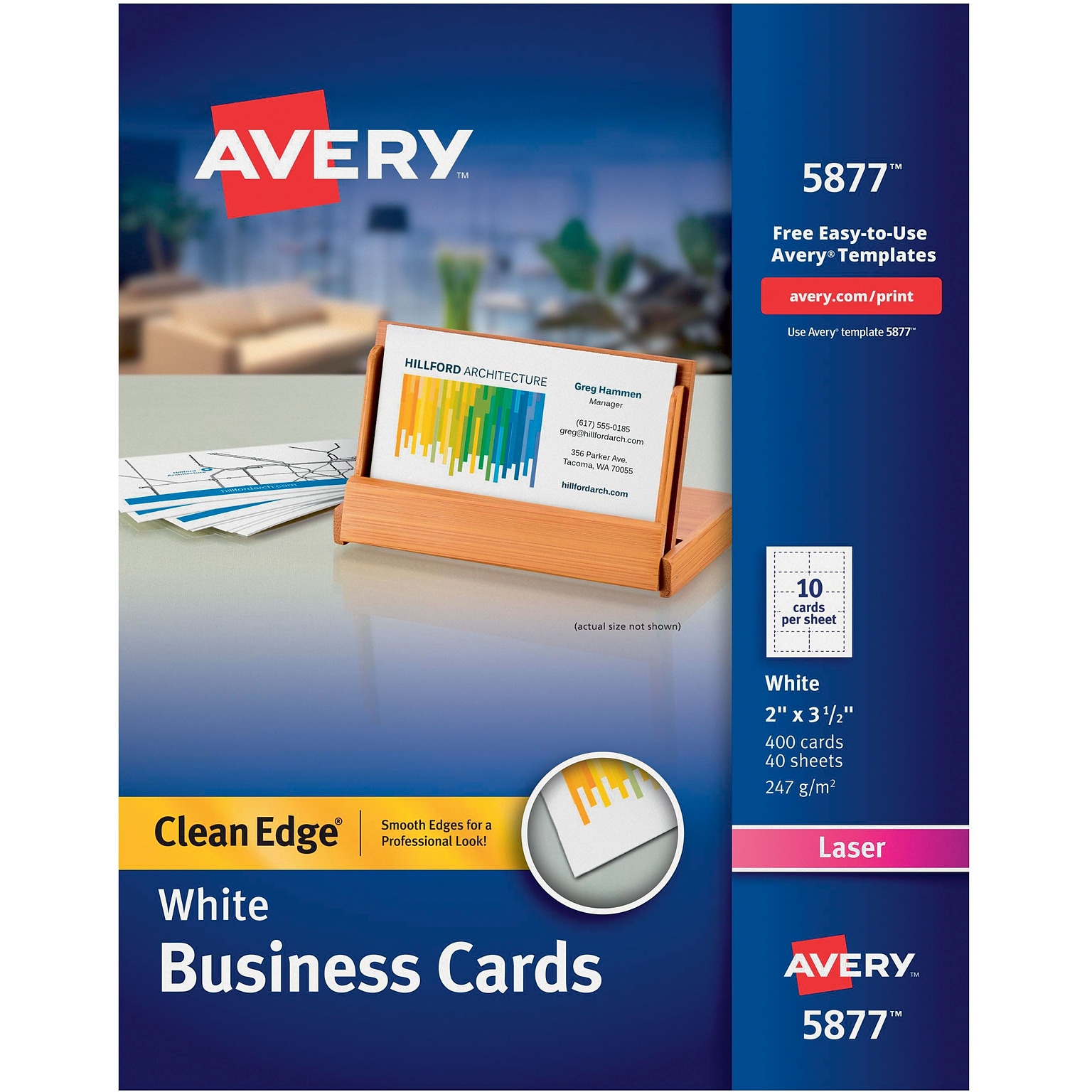 Avery® Clean Edge® Printable Color/Laser Business Cards, 2x 3.5, White, 400/Box (05877)