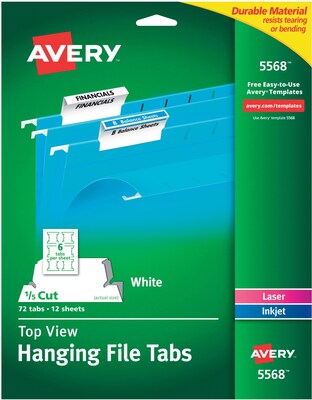 Avery(R) Top-View Printable Hanging File Tabs for Laser and Inkjet Printers 5568, 1/5 Cut, Pack of 72
