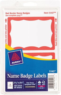 Avery Print-or-Write Name Tags, 2-11/32" x 3-3/8", Red Border, 1,800/Carton (5143CT)