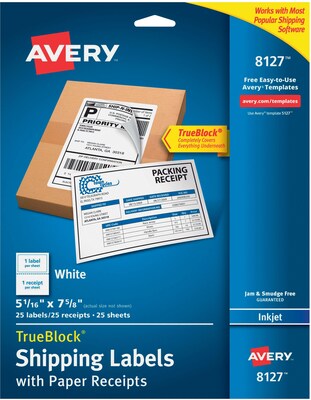 Avery TrueBlock Inkjet Shipping Labels, 5-1/16 x 7-5/8, White, 1 Label/Sheet, 25 Sheets/Pack, 25 L