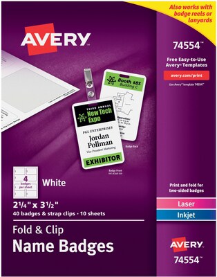 Avery® Fold & Clip Badges, 2 1/4 x 3 1/2, 40/Pack