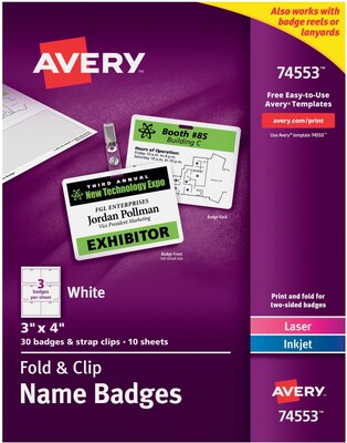 Avery® Fold & Clip Badges, 3 x 4, 30/Pack