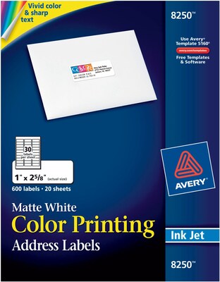 Avery Sure Feed Inkjet Address Labels, 1 x 2-5/8, White, 30 Labels/Sheet, 20 Sheets/Pack, 600 Labe