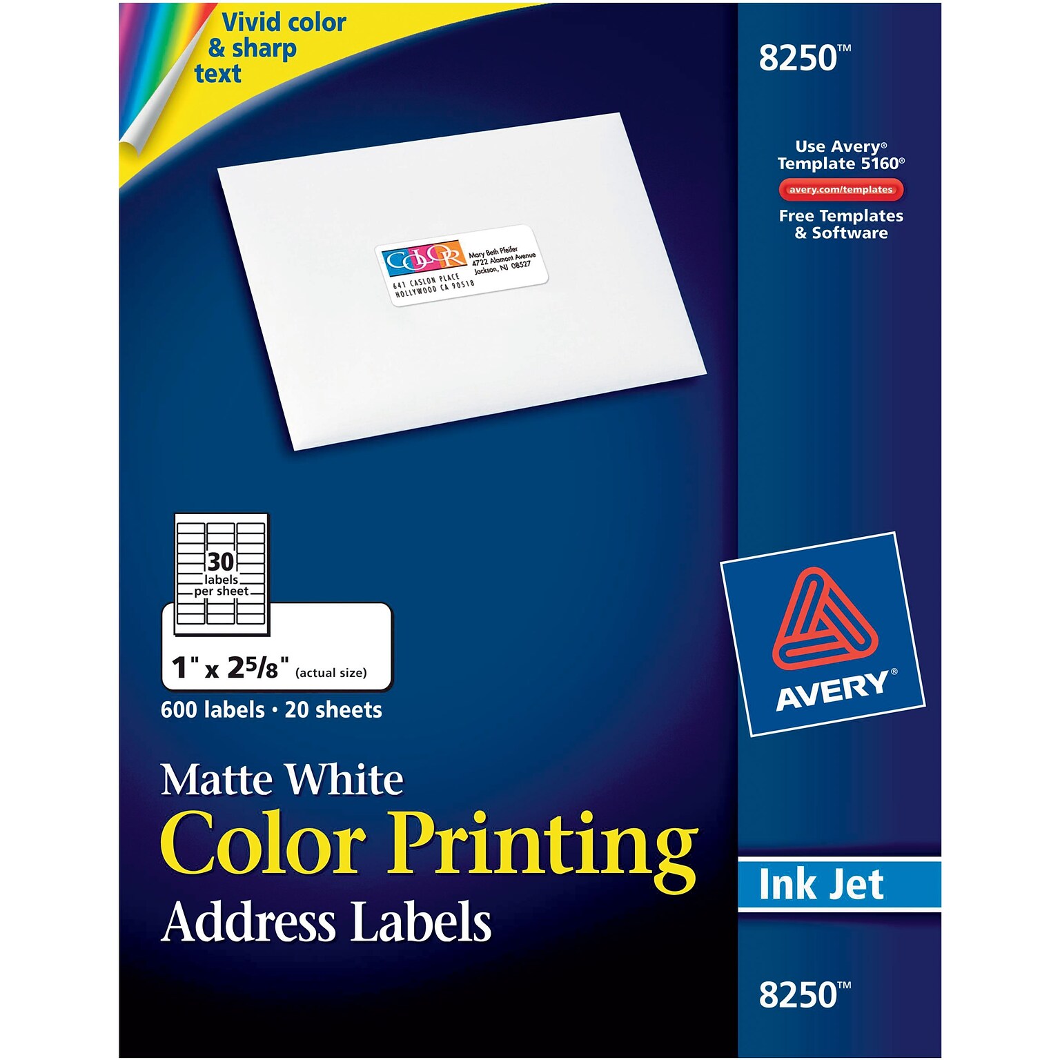 Avery Sure Feed Inkjet Address Labels, 1 x 2-5/8, White, 600 Labels/Pack (8250)