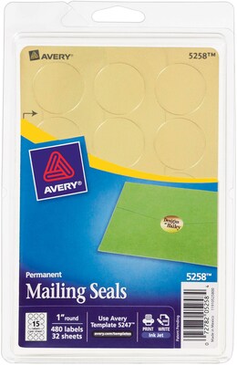 Avery Mailing Seals for Inkjet Printers, 32 Per Sheet, Gold Metallic, 1 Diameter, 480/Pk
