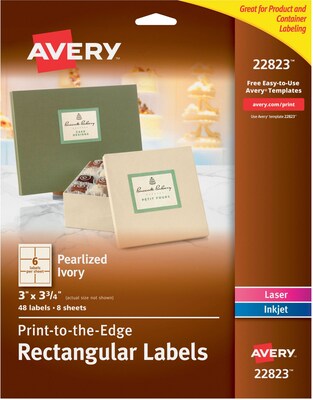 Avery Print-to-the-Edge Pearlized Ivory Rectangle Labels, 3" x 3-3/4", Pack of 48 (22823)