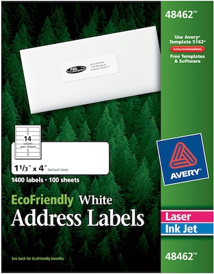Avery EcoFriendly Address Laser/Inkjet Label, 1-1/3 x 4, White, 14 Labels/Sheet, 100 Sheets/Pack (48462)