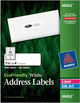 Avery EcoFriendly Address Laser/Inkjet Label, 1-1/3 x 4, White, 14 Labels/Sheet, 100 Sheets/Pack (48462)