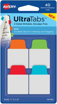 Avery® Mini Ultra Tabs™, Primary (Red, Blue, Orange, Green), 1 x 1-1/2, Pack of 40 Repositionable, Two-Side Writable Tabs