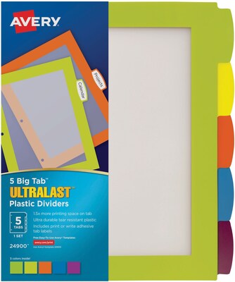 Avery Big Tab Ultralast Plastic Dividers with White Tab Labels, 5 Tabs, Multicolor (24900)