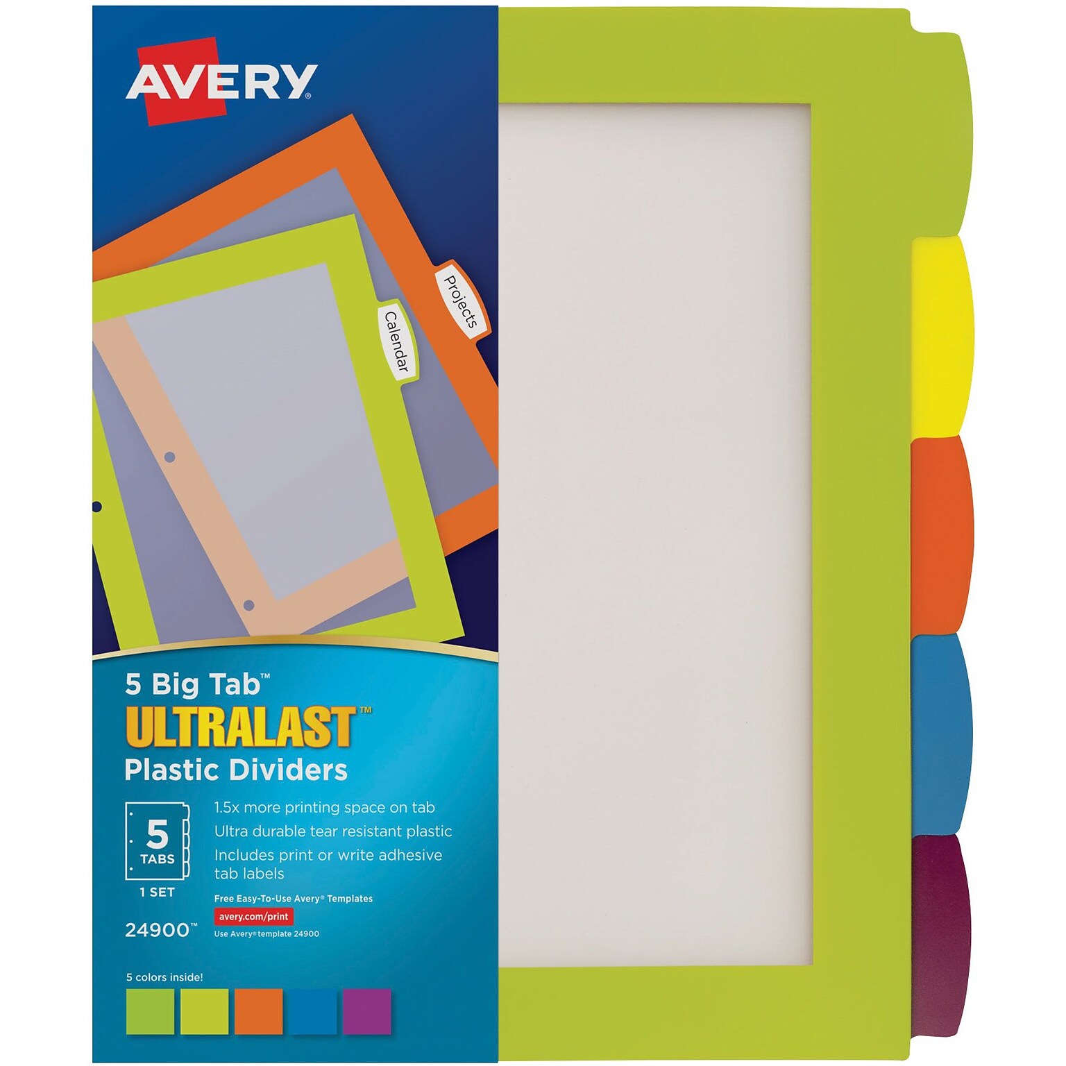 Avery Big Tab Ultralast Plastic Dividers with White Tab Labels, 5 Tabs, Multicolor (24900)