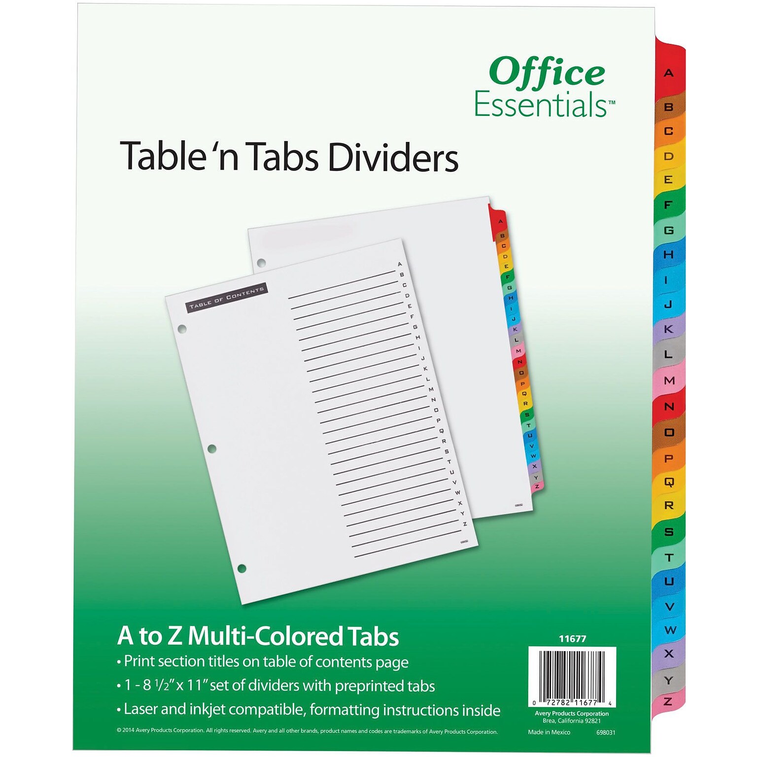 Avery Office Essentials Table n Tabs Index Tab, A-Z Index, Multicolor, 26 Tabs/Set (AVE11677)